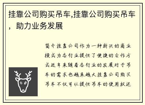 挂靠公司购买吊车,挂靠公司购买吊车,助力业务发展 挂靠公司购买吊车,挂靠公司购买吊车,助力业务发展